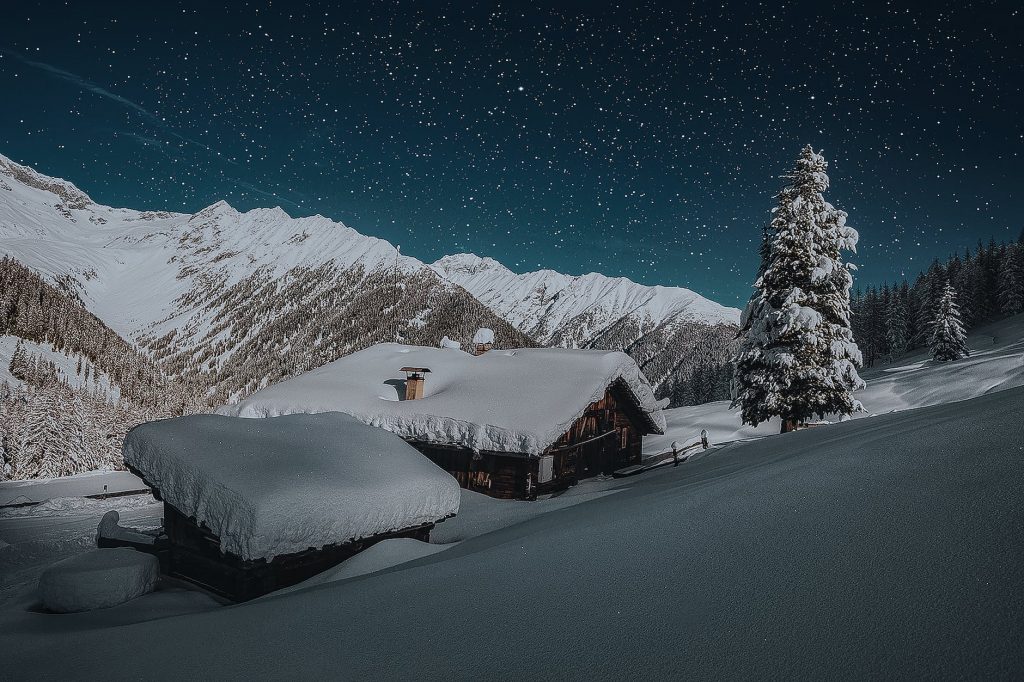 photo of ice coated house roofs beside green pine tree during snow night time